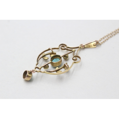 27 - 9ct gold antique turquoise & seed pearl floral pendant necklace (2.8g)