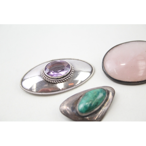 270 - Collection of Sterling Silver Gemstone Brooches inc. Rose Quart, Jasper x 4 35g