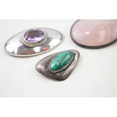 270 - Collection of Sterling Silver Gemstone Brooches inc. Rose Quart, Jasper x 4 35g