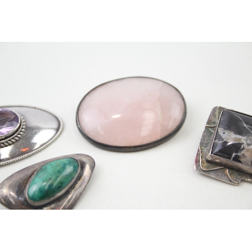 270 - Collection of Sterling Silver Gemstone Brooches inc. Rose Quart, Jasper x 4 35g