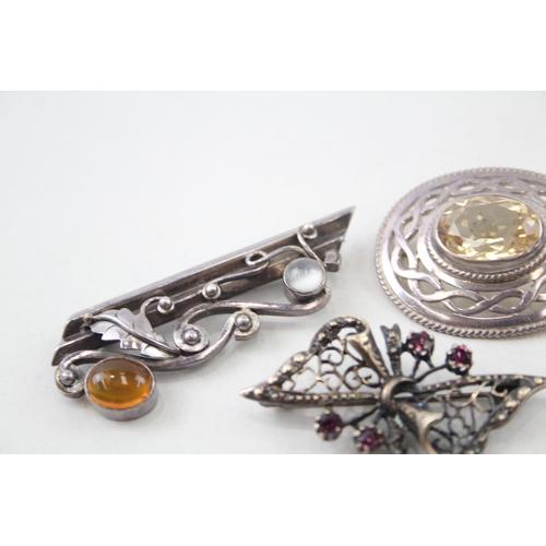 274 - Collection of Sterling Silver Gemstone Brooches inc. Amber, Garnet x 5 29g