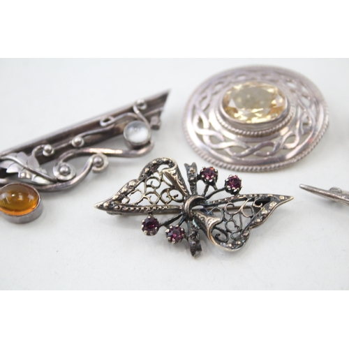 274 - Collection of Sterling Silver Gemstone Brooches inc. Amber, Garnet x 5 29g