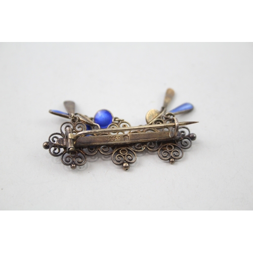 278 - Marius Hammer Sterling Silver Gilt Enamel Bar Brooch w/ Drops 6g