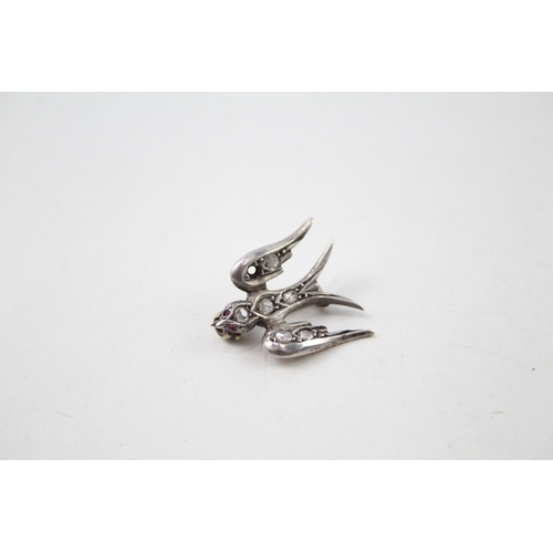 282 - Antique Sterling Silver Swallow Brooch w/ Old Cut Diamonds 2g