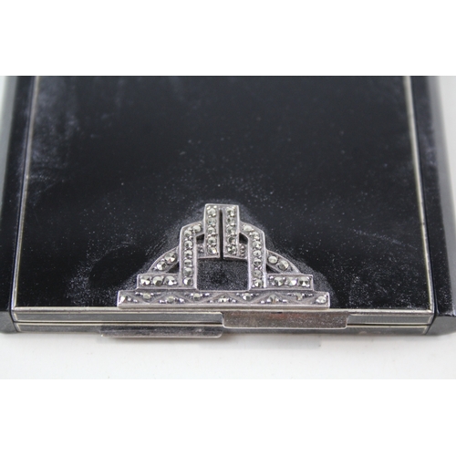 288 - Art Deco 1937 London Import Sterling Silver Black Enamel Marcasite Compact 76g