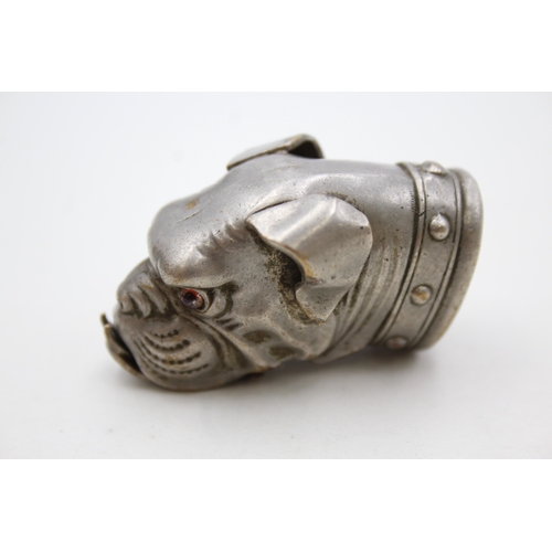 331 - Victorian Silver Plated Brass Vesta Case In Form Of Bulldog/Boxer w/ Glass Eyes