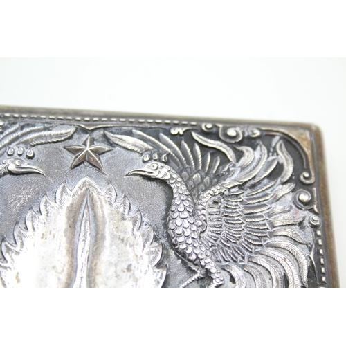 337 - Antique Indonesian Silver Cigarette Case w/ Large Repousse Work Birds/Java War