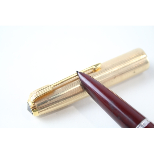 388 - Vintage Parker 51 Burgundy Fountain Pen w/ 14ct Nib, Rolled Gold Cap WRITING