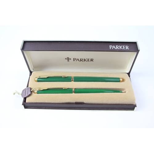 397 - Vintage Parker 75 Green Lacquer Fountain Pen w/ 14ct Gold Nib, Ballpoint, Box