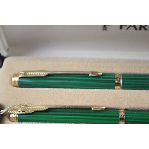 397 - Vintage Parker 75 Green Lacquer Fountain Pen w/ 14ct Gold Nib, Ballpoint, Box