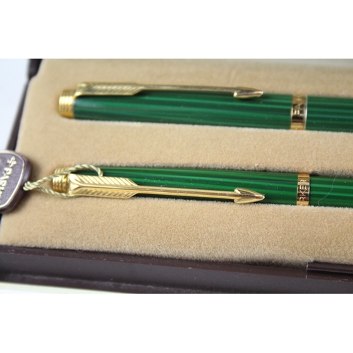 397 - Vintage Parker 75 Green Lacquer Fountain Pen w/ 14ct Gold Nib, Ballpoint, Box