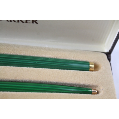 397 - Vintage Parker 75 Green Lacquer Fountain Pen w/ 14ct Gold Nib, Ballpoint, Box