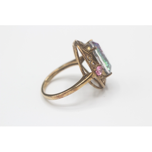 40 - 9ct gold mystic topaz, pink sapphire & white gemstone dress ring (4.3g) Size N