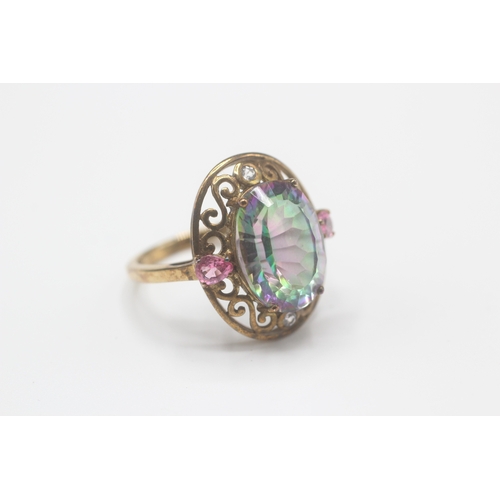 40 - 9ct gold mystic topaz, pink sapphire & white gemstone dress ring (4.3g) Size N