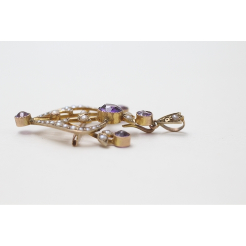 93 - 9ct gold amethyst and seed pearl lavaliere pendant brooch (3.6g) AS SEEN - MISSING STONE