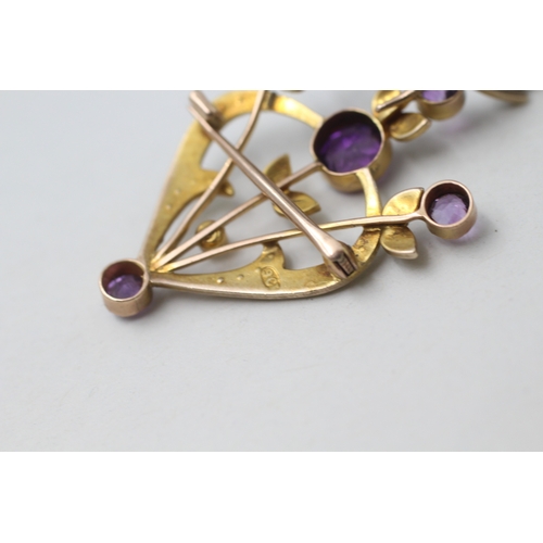 93 - 9ct gold amethyst and seed pearl lavaliere pendant brooch (3.6g) AS SEEN - MISSING STONE