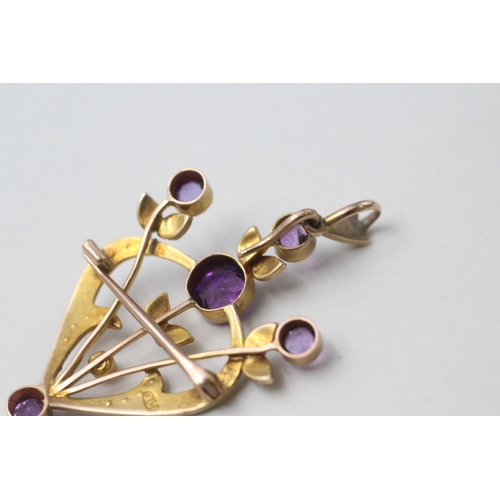 93 - 9ct gold amethyst and seed pearl lavaliere pendant brooch (3.6g) AS SEEN - MISSING STONE