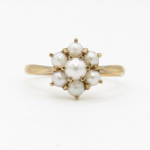 53 - 9ct gold seed pearl cluster ring (1.4g) Size N