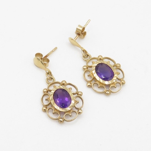 72 - 9ct gold vintage amethyst drop earrings with posts (1.7g)