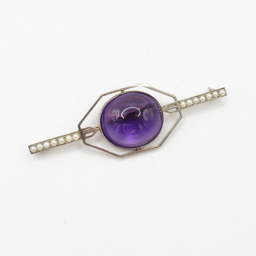 81 - 9ct white gold amethyst and seed pearl brooch (10.1g)