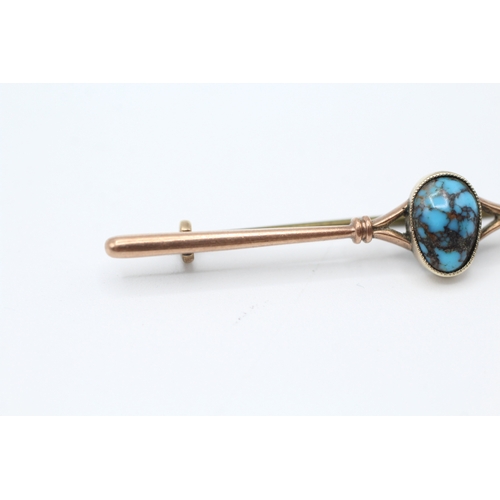 15 - 9ct gold antique turquoise bar brooch (3g)