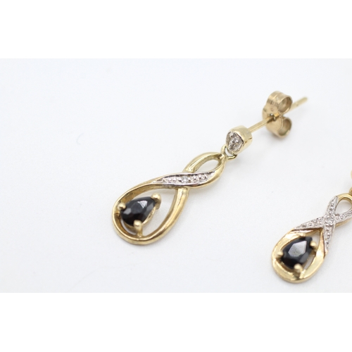 16 - 9ct gold sapphire and diamond drop earrings with posts (1.7g)