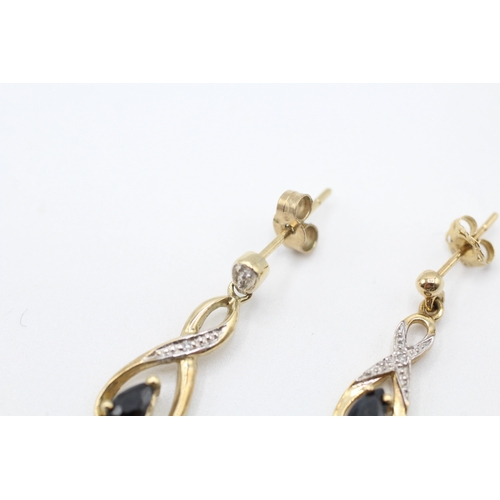 16 - 9ct gold sapphire and diamond drop earrings with posts (1.7g)