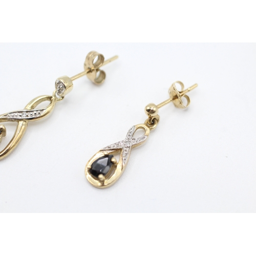 16 - 9ct gold sapphire and diamond drop earrings with posts (1.7g)