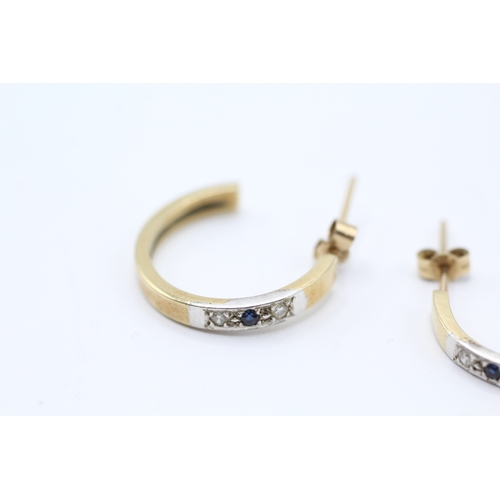 21 - 9ct gold diamond & sapphire three stone hoop earrings (3.4g)