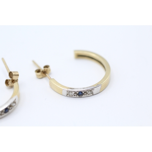 21 - 9ct gold diamond & sapphire three stone hoop earrings (3.4g)