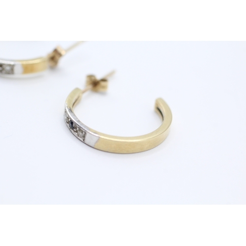 21 - 9ct gold diamond & sapphire three stone hoop earrings (3.4g)