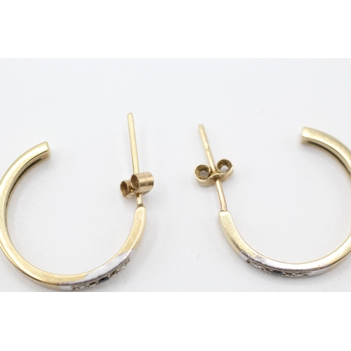 21 - 9ct gold diamond & sapphire three stone hoop earrings (3.4g)