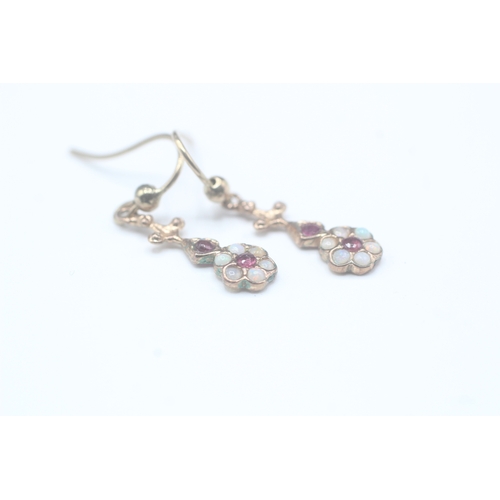 25 - 9ct gold ruby and opal drop earrings (1.8g)