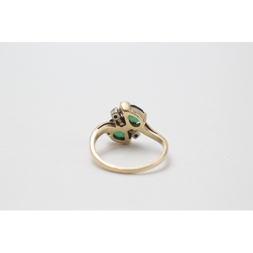 41 - 14ct gold pear cut green & white gemstone dress ring (3.1g) Size  M