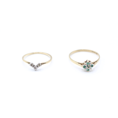 44 - 2 x 9ct gold diamond, emerald & cubic zirconia rings inc. chevron & cluster (1.9g) Size  M 1/2 + I 1... 