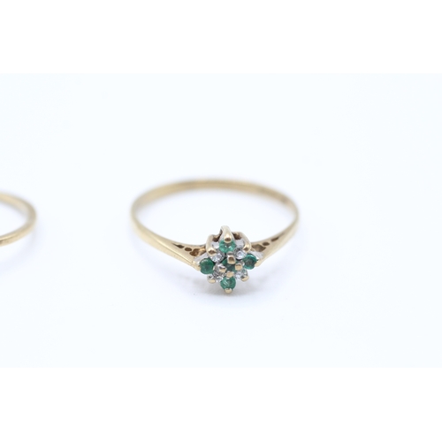 44 - 2 x 9ct gold diamond, emerald & cubic zirconia rings inc. chevron & cluster (1.9g) Size  M 1/2 + I 1... 