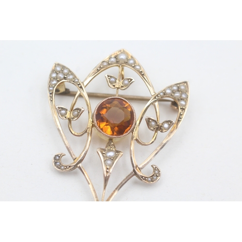 62 - 9ct gold antique citrine & seed pearl brooch (4.1g)