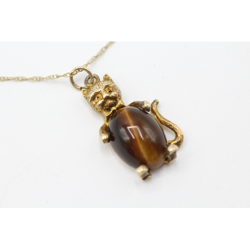 70 - 9ct gold vintage tigers eye kitten pendant necklace (5.3g)