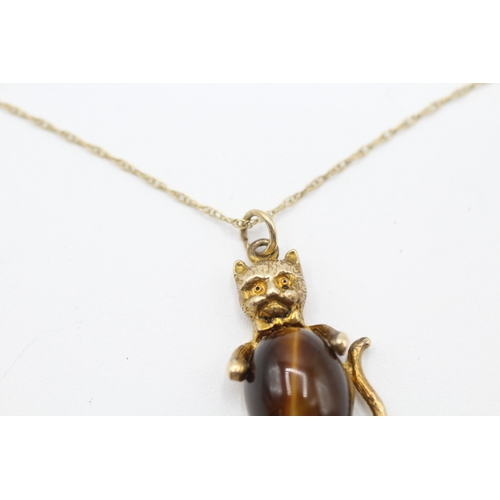 70 - 9ct gold vintage tigers eye kitten pendant necklace (5.3g)