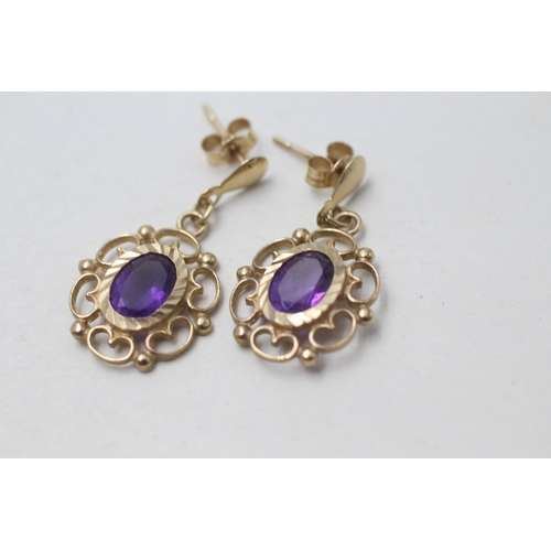 72 - 9ct gold vintage amethyst drop earrings with posts (1.7g)