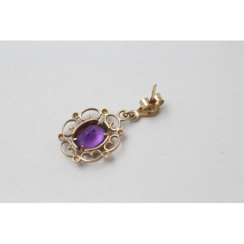 72 - 9ct gold vintage amethyst drop earrings with posts (1.7g)