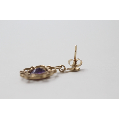 72 - 9ct gold vintage amethyst drop earrings with posts (1.7g)