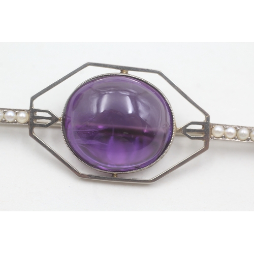 81 - 9ct white gold amethyst and seed pearl brooch (10.1g)