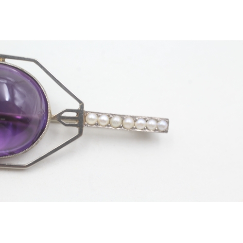 81 - 9ct white gold amethyst and seed pearl brooch (10.1g)