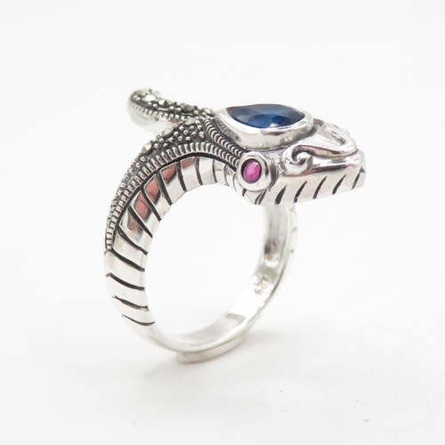 340 - HM 925 Sterling Silver snake ring with red stone eyes and blue stone head (7.2g) In excellent condit... 
