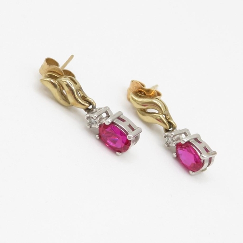 70 - 9ct gold red gemstone and diamond drop stud earrings (2.5g)