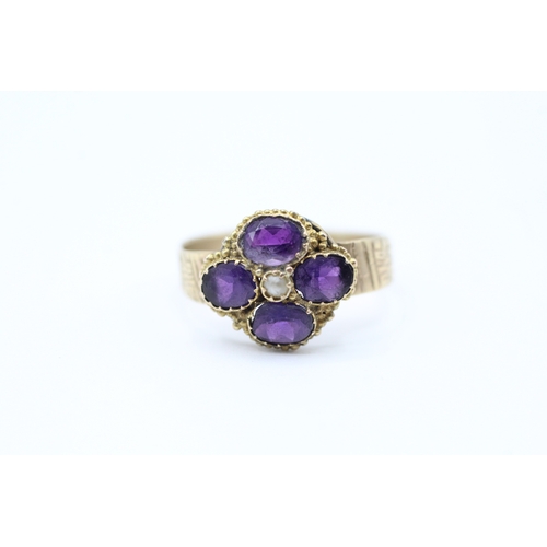 38 - 9ct gold amethyst and seed pearl cluster ring (1.9g) Size O