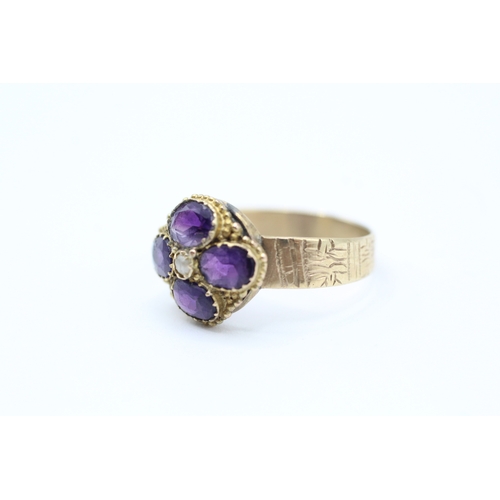 38 - 9ct gold amethyst and seed pearl cluster ring (1.9g) Size O