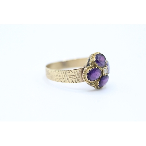 38 - 9ct gold amethyst and seed pearl cluster ring (1.9g) Size O