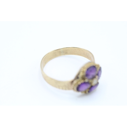 38 - 9ct gold amethyst and seed pearl cluster ring (1.9g) Size O